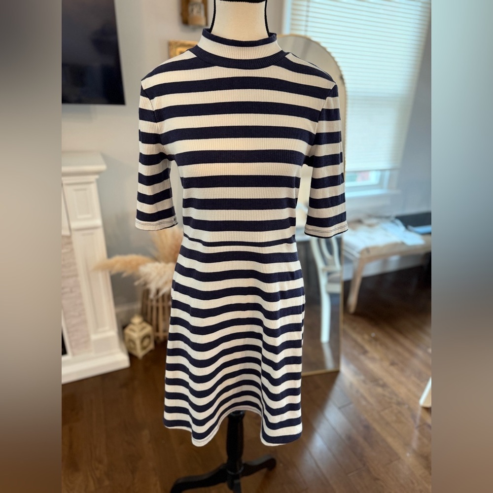 Maison Jules Navy and White Sheath Dress 3/4 Sleeve Crew Neck